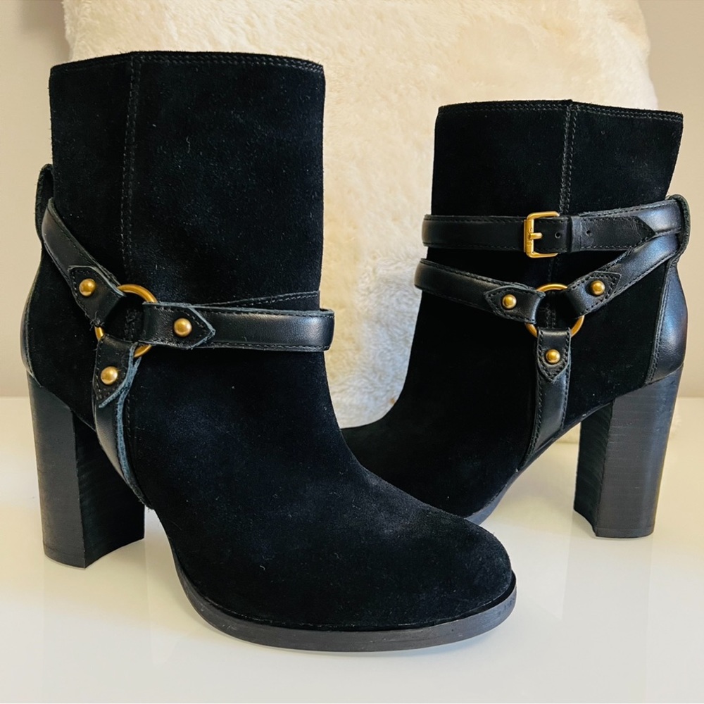 UGG Australia Dandridge black suede high heel ankle boots.